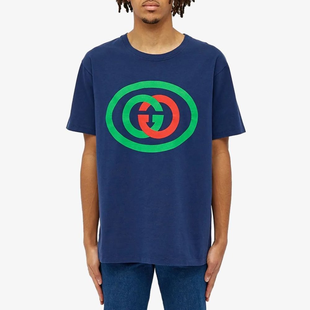 Gucci Tee Vintage Oval Interlocking GG Logo Blue T Shirt Size Medium
